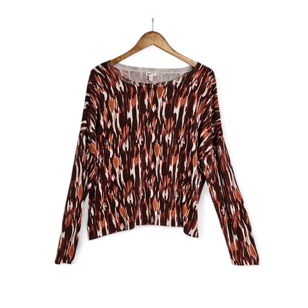 Garnet Hill Brown Cream Silk Cotton Blend Lightweight Oversized Sweater Large